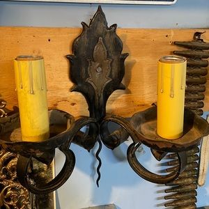Antique double light wall sconce, needs new wiring, Original dark finish